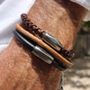 Men's Max Braided Brown Leather Bracelet w Magnetic Clasp, shown with the Lando gunmetal grey bracelet and Ellis Tan leather bracelets