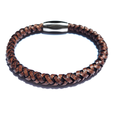 Men's Max Braided Brown Leather Bracelet w Magnetic Clasp