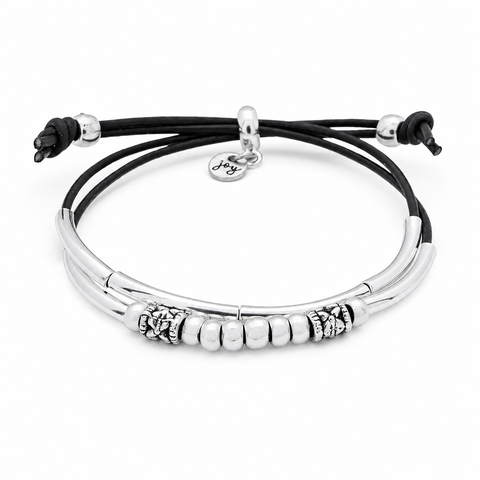 Pancake Silver & Black Leather Adjustable Size Bracelet