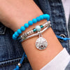 Aqua Amazonite Adjustable Blue Leather & Silver Bracelet shown w Silver Sand Dollar charm next to the Turquoise beaded bracelet