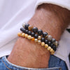 Men's gemstone bracelets with Yellow Agate, Natural Fossil and Black Onyx, with 14k gold filled beads