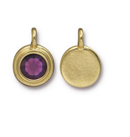 Amethyst Purple Crystal charm in Gold, both sides shown