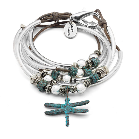 Andie SilverPlate wrap bracelet w Patina DragonFly charm in Natural Brown Gray leather, comes as shown