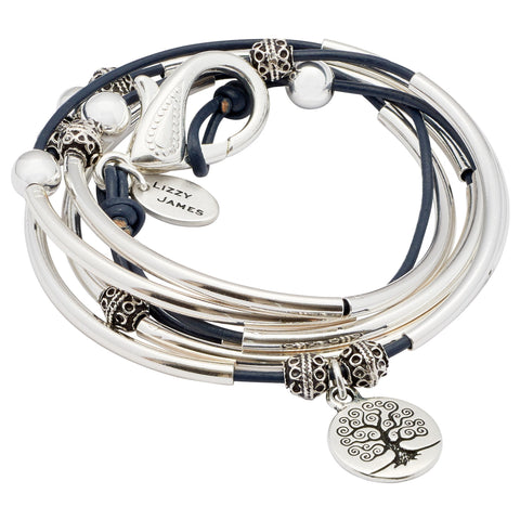 April wrap bracelet with silver Tree of Life charm in Gloss Navy leather. Comes as shown w charm attached.