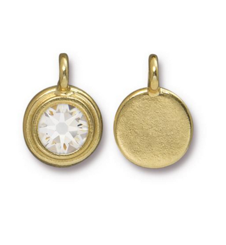 Clear Crystal Charm in goldplate, front and back sides shown