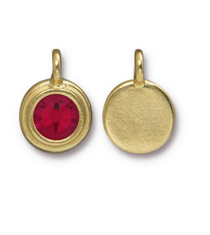 Garnet Red Crystal Charm in gold, both sides shown