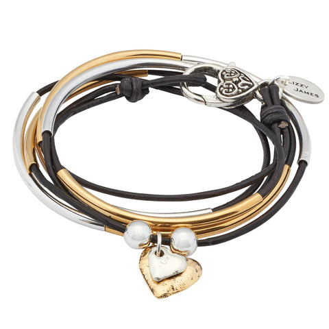 Girlfriend leather wrap bracelet Silver & Gold in Natural Black leather with large gold hammered heart & small silver hammered heart charms attached as shown.