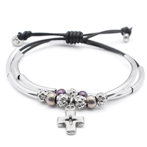 Faith bracelet in black leather, cross charm comes as shown