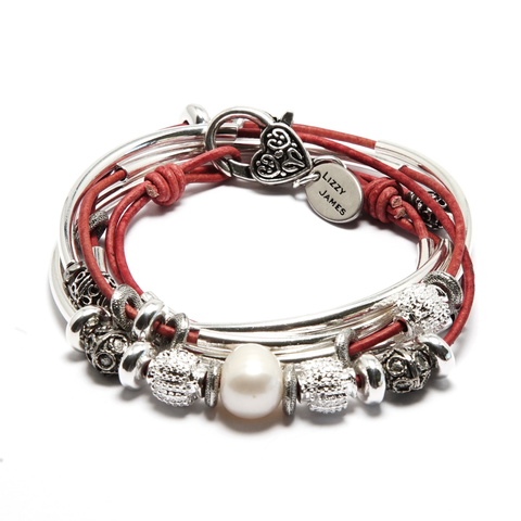 Kristy 2 strands leather wrap bracelet in natural red leather, comes with beads as shown