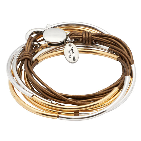 Lizzy Classic 4 Strand leather wrap bracelet Silver & Gold crescents in Metallic Bronze leather