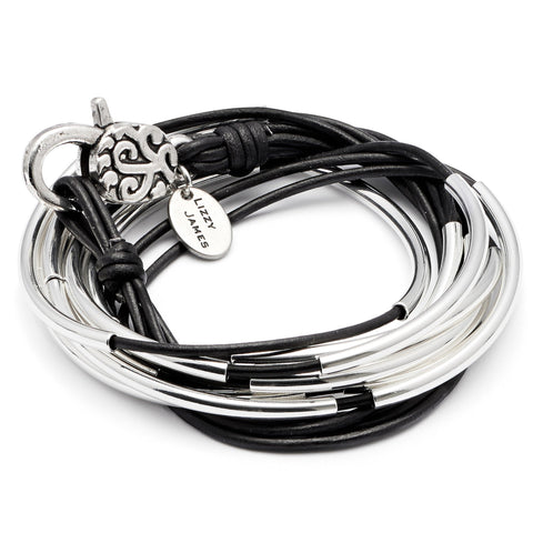 Lizzy Classic 4 strand wrap bracelet necklace in natural black leather with filigree clasp