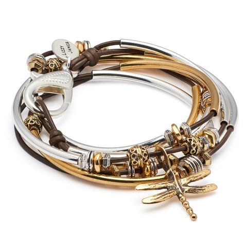 misty 2 strand wrap bracelet with gold dragonfly charm in gloss chocolate leather, comes as shown