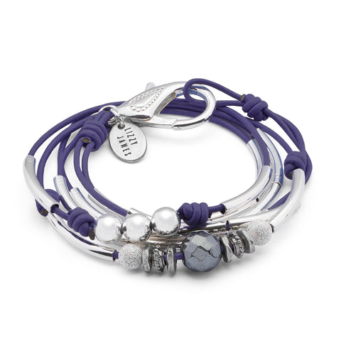 Phoebe 2 strand leather and silverplate wrap bracelet shown in Gloss purple leather
