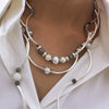 Kristy leather wrap bracelet shown as a necklace, stacked with the Emily Long necklace, each sold separately 